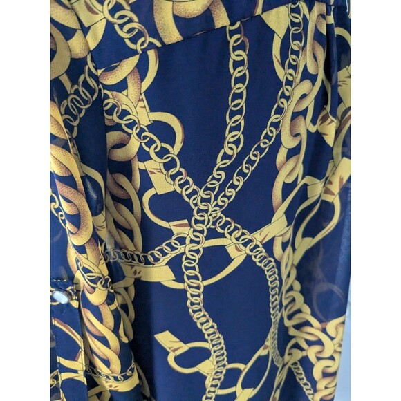 Feratelli Tunic Top Womens S Flowy Navy Status Print Sheer Moto Zip RollTab Glam - Picture 10 of 13